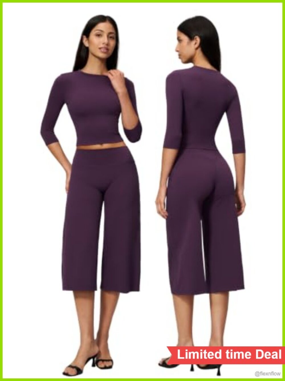 Women's 2 Piece Workout Set 3/4 Sleeve Top Wide Leg Capri Pants Gym Yoga